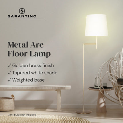 Sarantino Metal Floor Lamp in Antique Brass Finish with Cream Linen Fabric Shade.
