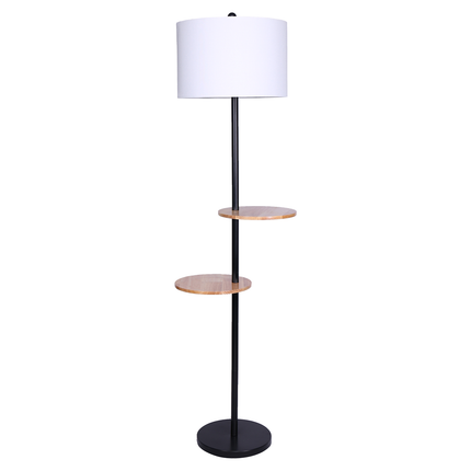 Sarantino Metal Floor Lamp Shade with Black Post in Round Wood Shelves.