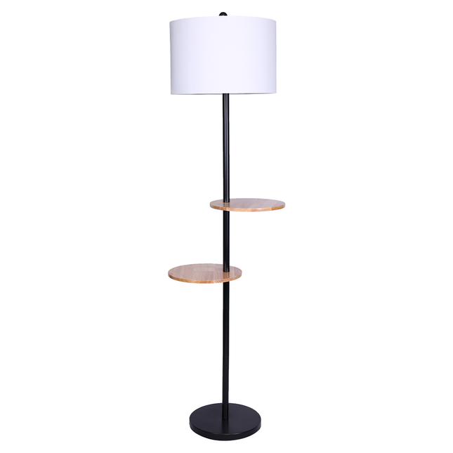 Sarantino Metal Floor Lamp Shade with Black Post in Round Wood Shelves.
