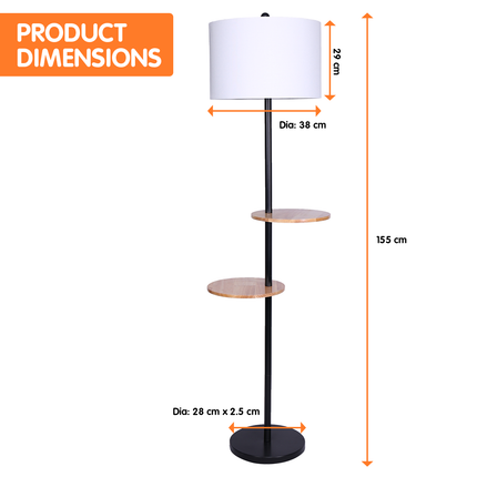 Sarantino Metal Floor Lamp Shade with Black Post in Round Wood Shelves.