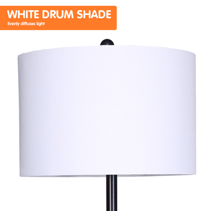 Sarantino Metal Floor Lamp Shade with Black Post in Round Wood Shelves.