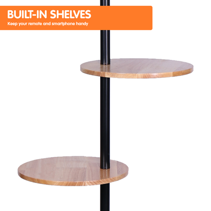 Sarantino Metal Floor Lamp Shade with Black Post in Round Wood Shelves.