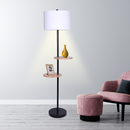 Sarantino Metal Floor Lamp Shade with Black Post in Round Wood Shelves.