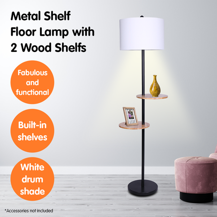 Sarantino Metal Floor Lamp Shade with Black Post in Round Wood Shelves.