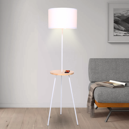 Sarantino Metal Tripod Floor Lamp Shade with Wooden Table Shelf.