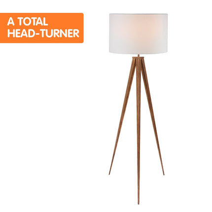 Sarantino Metal Tripod Floor Spot Lamp Shade Drum in Wooden Finish.