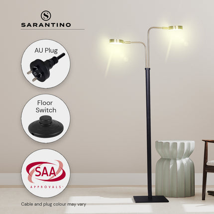 Sarantino LED Metal Floor Lamp with 2 Lights in Brushed Gold and Black Finish.