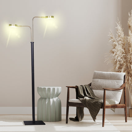 Sarantino LED Metal Floor Lamp with 2 Lights in Brushed Gold and Black Finish.