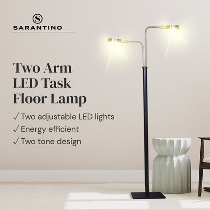Sarantino LED Metal Floor Lamp with 2 Lights in Brushed Gold and Black Finish.