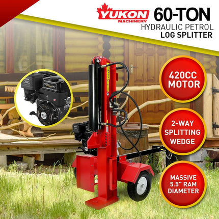 Yukon 60 Ton 420cc Hydraulic Log Splitter Petrol Engine Wood Firewood Cutter.