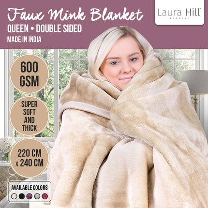 Laura Hill Mink Blanket Double Sided 600GSM Queen Size Beige.
