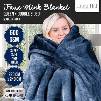 Laura Hill 600gsm Faux Mink Blanket Queen Size Double-sided Throw Rug Large Super Luxurious Soft - Blue.