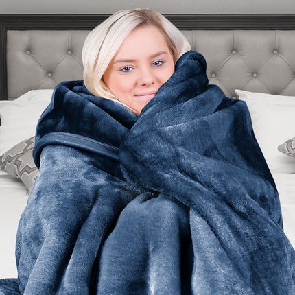 Laura Hill 600gsm Faux Mink Blanket Queen Size Double-sided Throw Rug Large Super Luxurious Soft - Blue.