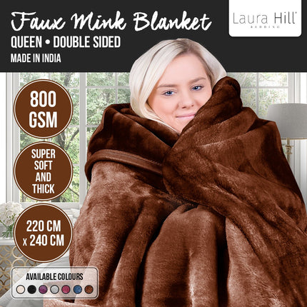 Laura Hill Faux Mink Blanket 800GSM Heavy Double-Sided - Chocolate.