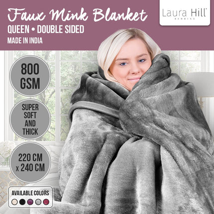 Laura Hill Double-sided Large 220 X 240cm Faux Mink Throw Rug Blanket 800-gsm Heavy - Silver.