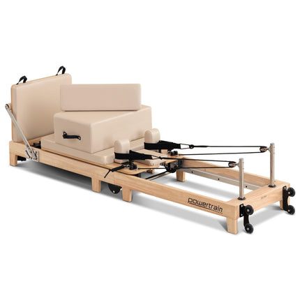 Powertrain Selina Pilates Reformer Machine Wooden Folding Multifunctional Home Gym Equipment with Jumpboard & Sitting Box Oak Beige.