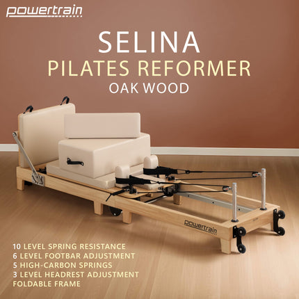 Powertrain Selina Pilates Reformer Machine Wooden Folding Multifunctional Home Gym Equipment with Jumpboard & Sitting Box Oak Beige.