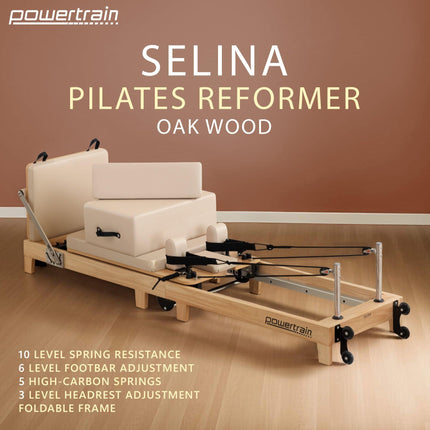 Powertrain Selina Pilates Reformer Machine Wooden Folding Multifunctional Home Gym Equipment with Jumpboard & Sitting Box Oak Beige.