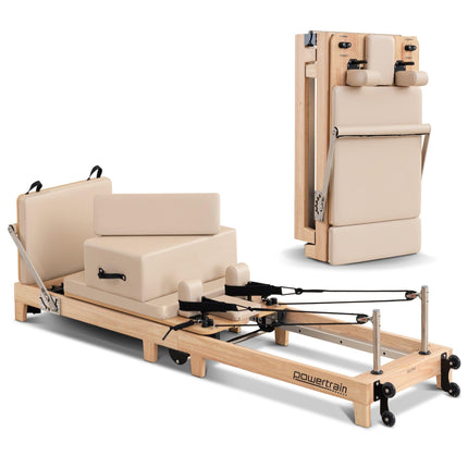 Powertrain Selina Pilates Reformer Machine Wooden Folding Multifunctional Home Gym Equipment with Jumpboard & Sitting Box Oak Beige.