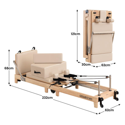 Powertrain Selina Pilates Reformer Machine Wooden Folding Multifunctional Home Gym Equipment with Jumpboard & Sitting Box Oak Beige.