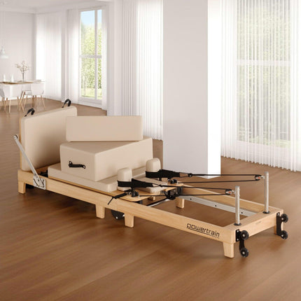 Powertrain Selina Pilates Reformer Machine Wooden Folding Multifunctional Home Gym Equipment with Jumpboard & Sitting Box Oak Beige.