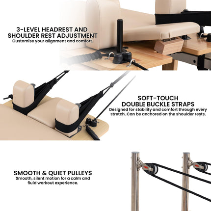 Powertrain Selina Pilates Reformer Machine Wooden Folding Multifunctional Home Gym Equipment with Jumpboard & Sitting Box Oak Beige.