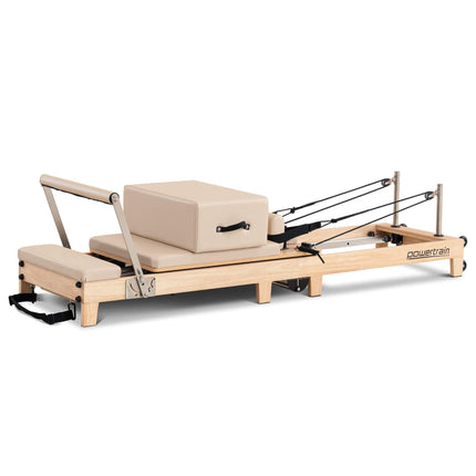 Powertrain Selina Pilates Reformer Machine Wooden Folding Multifunctional Home Gym Equipment with Jumpboard & Sitting Box Oak Beige.