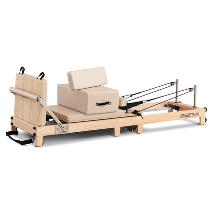 Powertrain Selina Pilates Reformer Machine Wooden Folding Multifunctional Home Gym Equipment with Jumpboard & Sitting Box Oak Beige.