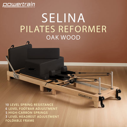 Powertrain Selina Pilates Reformer Machine Wooden Folding Multifunctional Home Gym Equipment with Jumpboard & Sitting Box Oak Black.
