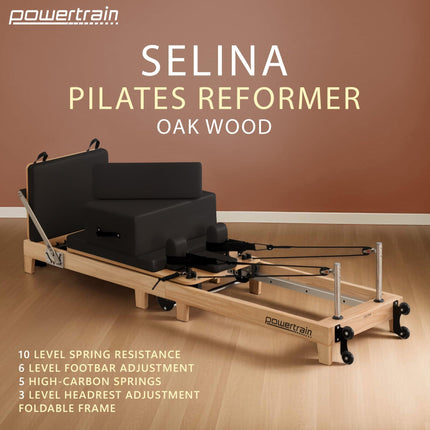 Powertrain Selina Pilates Reformer Machine Wooden Folding Multifunctional Home Gym Equipment with Jumpboard & Sitting Box Oak Black.