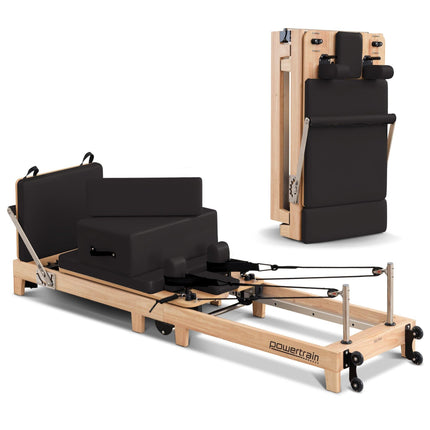 Powertrain Selina Pilates Reformer Machine Wooden Folding Multifunctional Home Gym Equipment with Jumpboard & Sitting Box Oak Black.