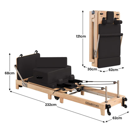 Powertrain Selina Pilates Reformer Machine Wooden Folding Multifunctional Home Gym Equipment with Jumpboard & Sitting Box Oak Black.