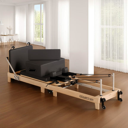 Powertrain Selina Pilates Reformer Machine Wooden Folding Multifunctional Home Gym Equipment with Jumpboard & Sitting Box Oak Black.