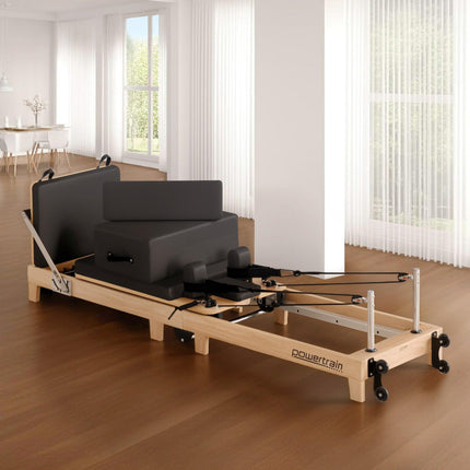 Powertrain Selina Pilates Reformer Machine Wooden Folding Multifunctional Home Gym Equipment with Jumpboard & Sitting Box Oak Black.