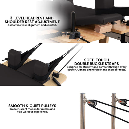 Powertrain Selina Pilates Reformer Machine Wooden Folding Multifunctional Home Gym Equipment with Jumpboard & Sitting Box Oak Black.