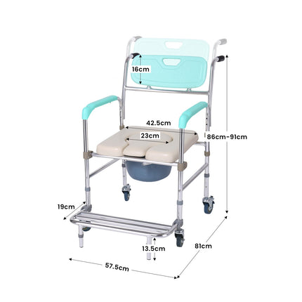 Orthonica Commode Chair With Castors Aluminium Frame Footrest Soft Push Handles.