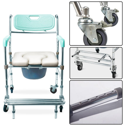 Orthonica Commode Chair With Castors Aluminium Frame Footrest Soft Push Handles.