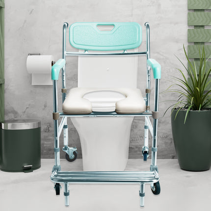 Orthonica Commode Chair With Castors Aluminium Frame Footrest Soft Push Handles.