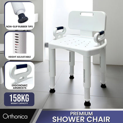 Orthonica Premium Adjustable Shower Chair with Armrests 158kg Capacity.