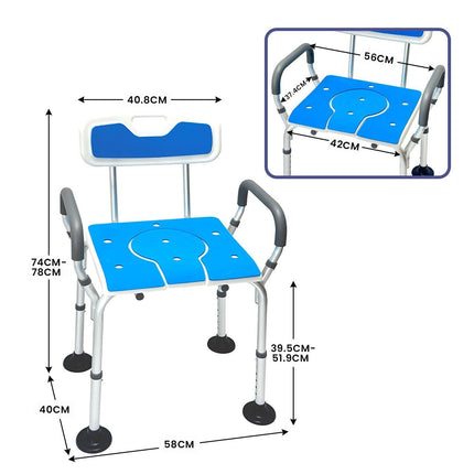Orthonica Height-Adjustable Aluminium Commode Shower Chair with Armrests Backrest Armrests Soft Stool Seat Aid.