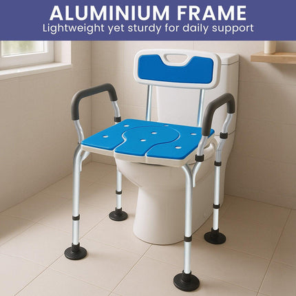 Orthonica Height-Adjustable Aluminium Commode Shower Chair with Armrests Backrest Armrests Soft Stool Seat Aid.