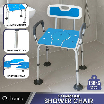 Orthonica Height-Adjustable Aluminium Commode Shower Chair with Armrests Backrest Armrests Soft Stool Seat Aid.