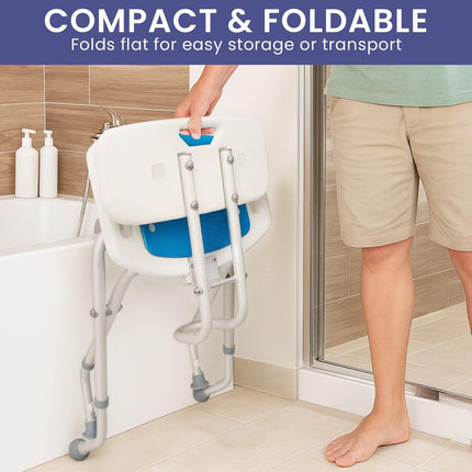 Orthonica Compact & Foldable Commode Shower Chair w/Height Adjustable Aluminium Frame Non Slip Feet HDPE Seat & Backrest.