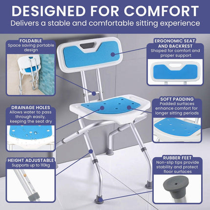 Orthonica Compact & Foldable Commode Shower Chair w/Height Adjustable Aluminium Frame Non Slip Feet HDPE Seat & Backrest.