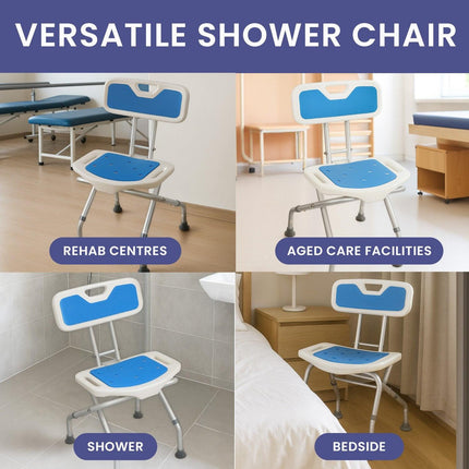 Orthonica Compact & Foldable Commode Shower Chair w/Height Adjustable Aluminium Frame Non Slip Feet HDPE Seat & Backrest.