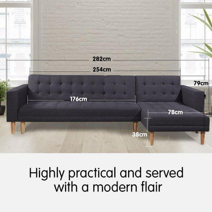 Sarantino Linen Fabric Corner Sofa Bed Couch Lounge With Chaise Furniture - Dark Grey.