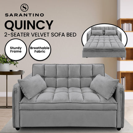 Sarantino Quincy 2-Seater Velvet Sofa Bed in Dark Grey with Wooden Frame and Tufted Design.