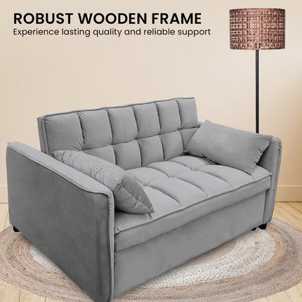 Sarantino Quincy 2-Seater Velvet Sofa Bed in Dark Grey with Wooden Frame and Tufted Design.