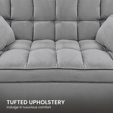 Sarantino Quincy 2-Seater Velvet Sofa Bed in Dark Grey with Wooden Frame and Tufted Design.