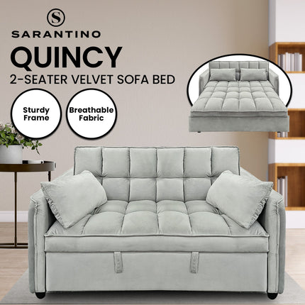 Sarantino Quincy 2-Seater Velvet Sofa Bed in Light Grey with Wooden Frame and Tufted Design.